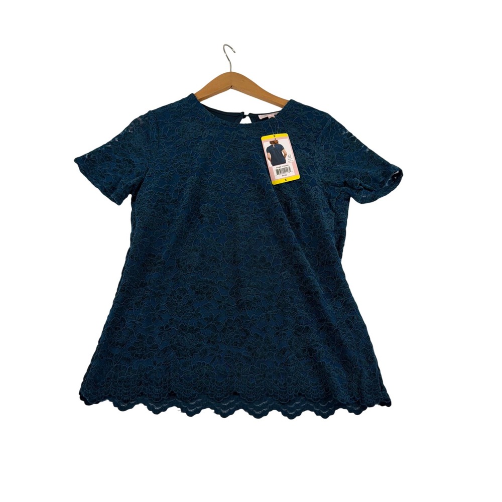 Teddi Rose Womens Floral Lace Short Sleeve Blouse Scalloped Hem Teal Blue Small